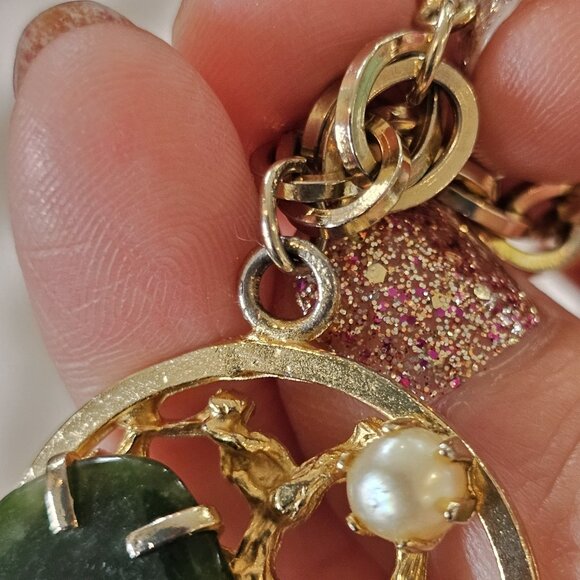 VTG Unsigned Kramer Jade Tree Bracelet Faux Pearl Clipon Earring Brooch Set Gold - Picture 9 of 16